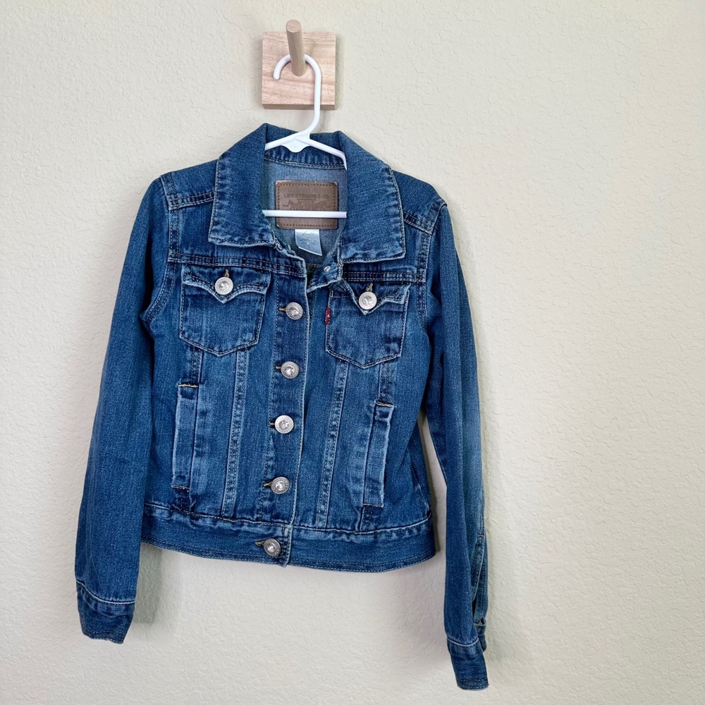 Levis Girls Medium Wash Denim Trucker Jacket Rhinestone Buttons Size S 7 Western